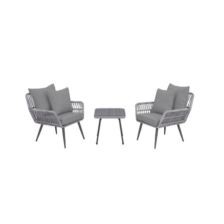 MANHATTAN COMFORT Cannes Rope Wicker 3-Piece Patio Conversation Set with Cushions in Grey OD-CV012-GY